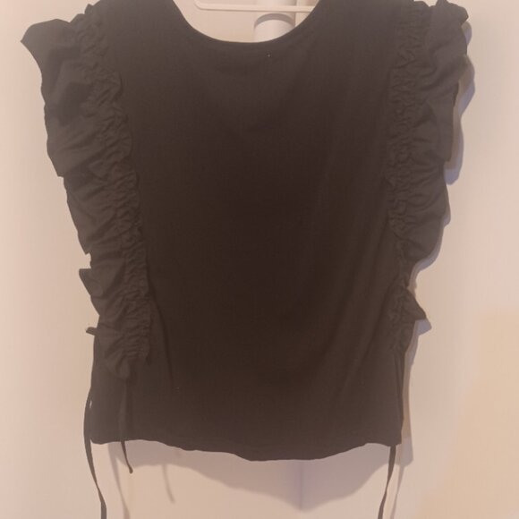 Why Dress You Are Cute Shoe Bling Pearl Newspaper Ruffle Sleev Black Crew Top XL - Picture 5 of 5
